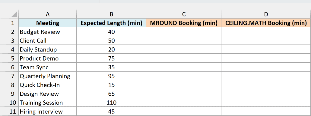 Meetings with their expected length beside empty MROUND and CEILING.MATH booking columns