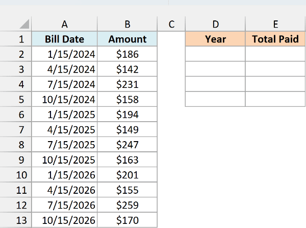 Quarterly electricity bills for 2024 to 2026 beside empty Year and Total Paid columns