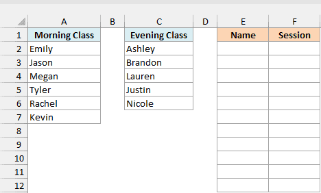 Morning and evening cooking class sign-up lists beside an empty Name and Session roster