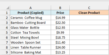 Kitchen product names copied from a web page with odd gaps between words, beside an empty Clean Product column