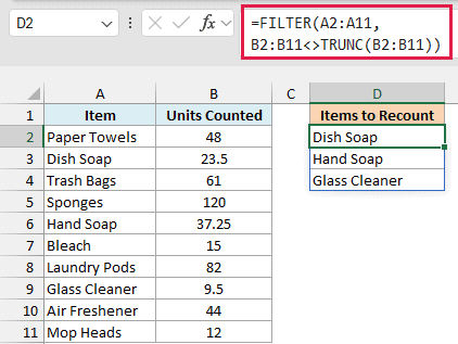 FILTER with TRUNC lists the items whose counts are not whole numbers: Dish Soap, Hand Soap, Glass Cleaner