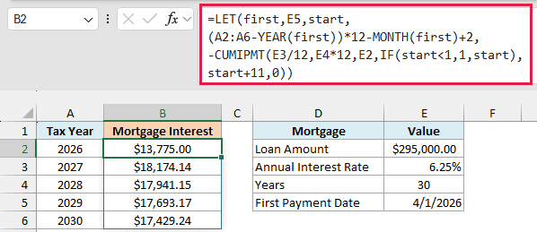 LET and CUMIPMT spill the mortgage interest per tax year, $13,775.00 for the nine payments in 2026