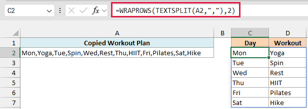 WRAPROWS with TEXTSPLIT turns the workout text into a Day and Workout table