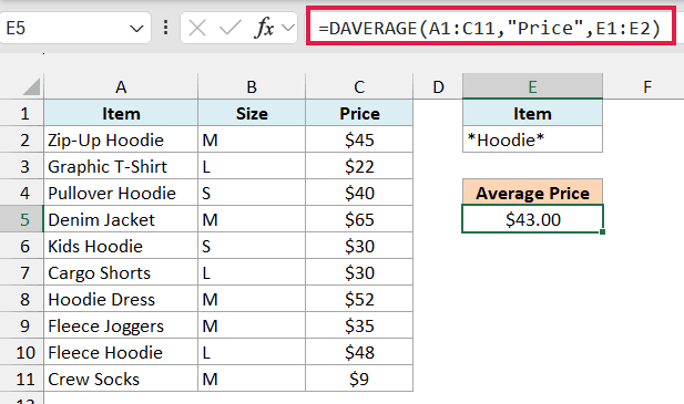DAVERAGE formula with a wildcard criteria returning the $43.00 average hoodie price