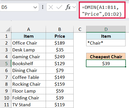 DMIN formula with the *Chair* wildcard returning $39, the cheapest chair