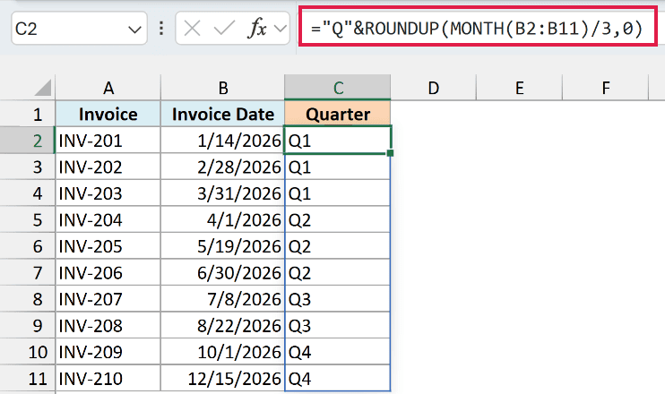 ROUNDUP and MONTH return the quarter label Q1 to Q4 for each invoice date