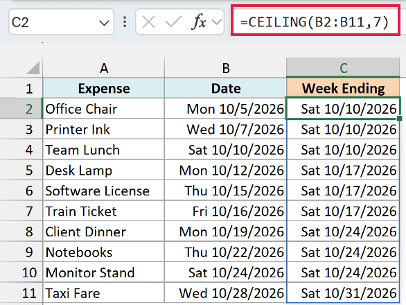 CEILING with 7 returns the Saturday that ends each date's week