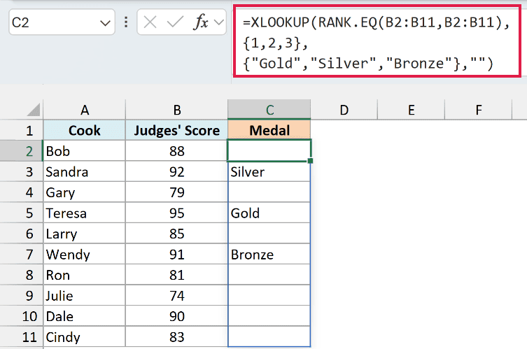 XLOOKUP over the RANK.EQ result awards Gold, Silver, and Bronze to the top three cooks