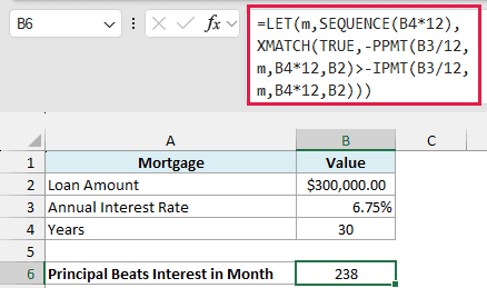 LET, SEQUENCE, XMATCH, PPMT, and IPMT formula returns month 238 as the first month principal beats interest