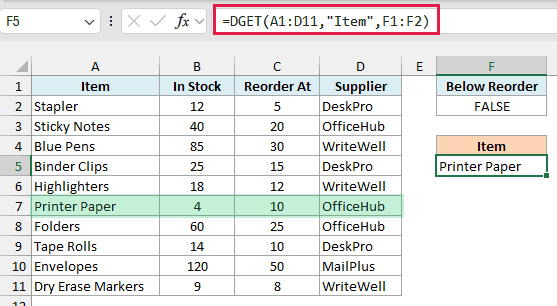 DGET formula with a formula criteria returning Printer Paper, the item below its reorder level