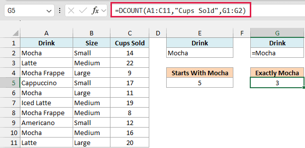 DCOUNT exact match criteria =Mocha returning 3