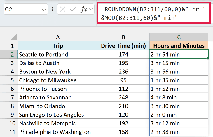 ROUNDDOWN and MOD turn drive minutes into hours and minutes, like 2 hr 54 min