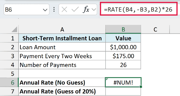 RATE formula without a guess returns a #NUM! error for the short-term loan