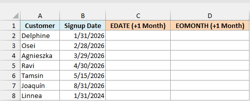 Customer signup dates near month end beside empty EDATE and EOMONTH result columns
