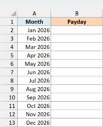 Months of 2026 beside an empty Payday column