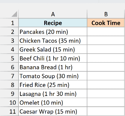 Recipes with the cook time in parentheses and an empty Cook Time column
