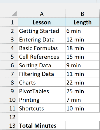 Online course lessons with lengths written as text like 12 min, and an empty Total Minutes cell in B13