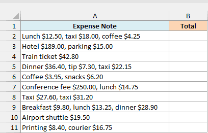 Expense notes with one or more dollar amounts each, beside an empty Total column