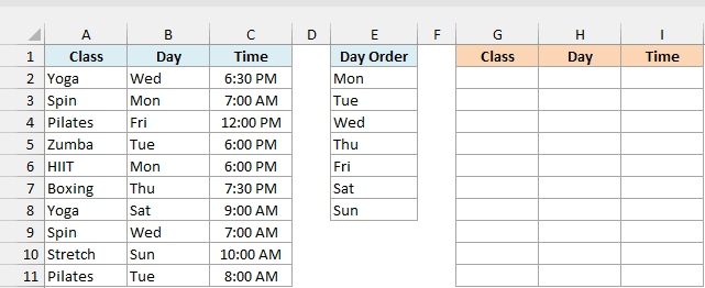 The gym schedule has a Monday to Sunday day list beside empty sorted output columns.