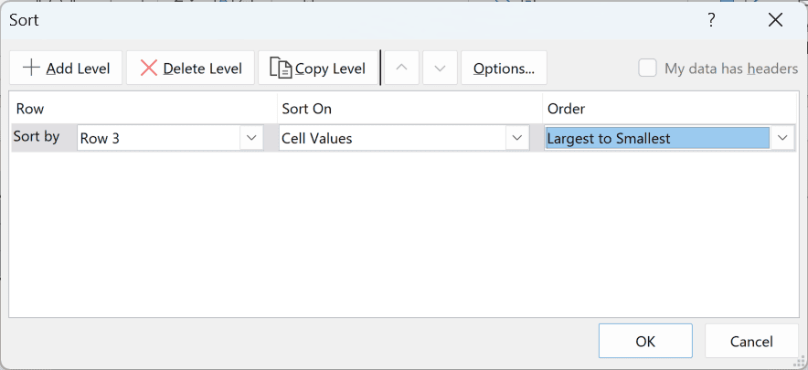 Order set to Largest to Smallest for Row 3