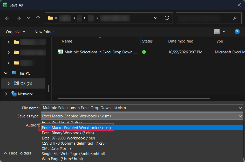Excel Macro-Enabled Workbook (*.xlsm) selected in the Save As dialog.