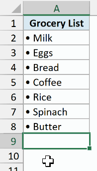 Bullet appearing automatically when a new item is typed in a cell with the custom number format