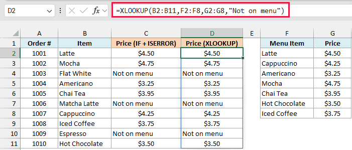 XLOOKUP with Not on menu as its fourth argument returns the same results in column D