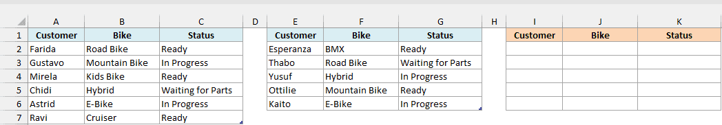 LeoJobs and NadiaJobs Excel Tables list bike repairs and statuses beside an empty result area