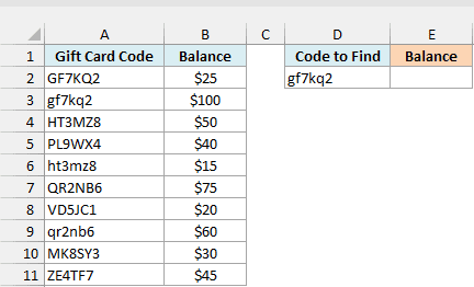 Gift card codes and balances where some codes differ only in case, with gf7kq2 in D2 as the code to find