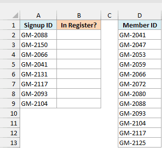 Signup IDs beside an empty In Register? column and member register IDs in column D