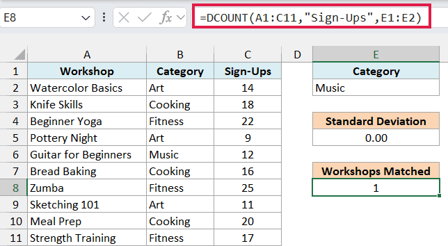DCOUNT formula in E8 returning 1, the number of matching workshops