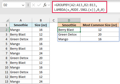 GROUPBY with MODE.SNGL returns the most common size for each smoothie flavor