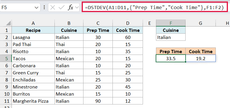 DSTDEV formula with an array of two field names spilling 33.5 and 19.2 into F5:G5