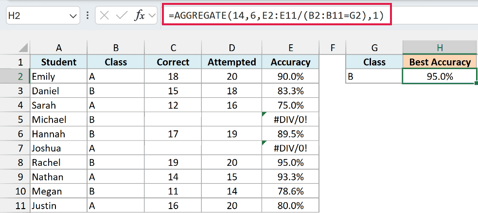 AGGREGATE formula dividing by a class condition and returning the best accuracy for class B while skipping errors