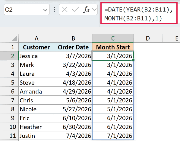 DATE with YEAR, MONTH and day 1 returns the first day of each order's month