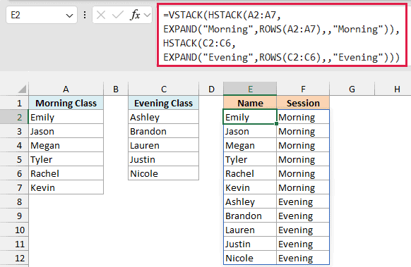 VSTACK, HSTACK, and EXPAND build one roster with each person's session
