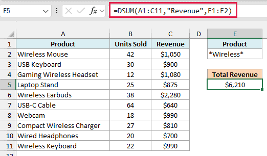 DSUM formula returning $6,210 for every product with Wireless in its name