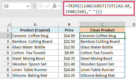 TRIM, CLEAN, and SUBSTITUTE remove the non-breaking spaces and return clean product names