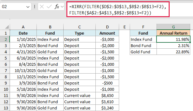XIRR with FILTER returns the annual return of each fund from the combined log