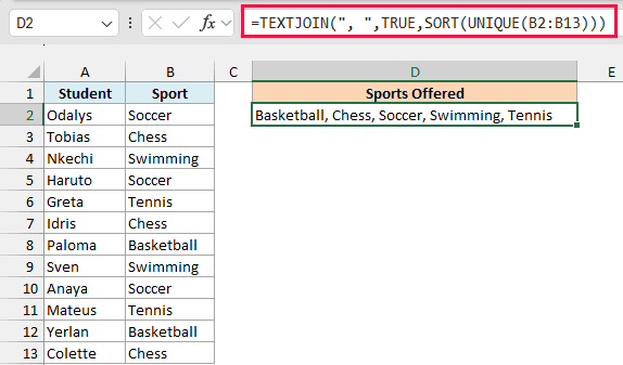 Unique sports joined in alphabetical order