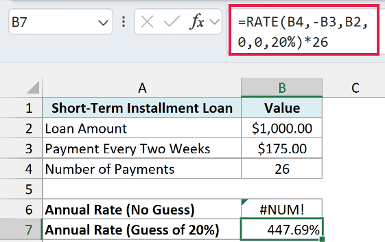 RATE formula with a 20% guess returns an annual rate of 447.69%