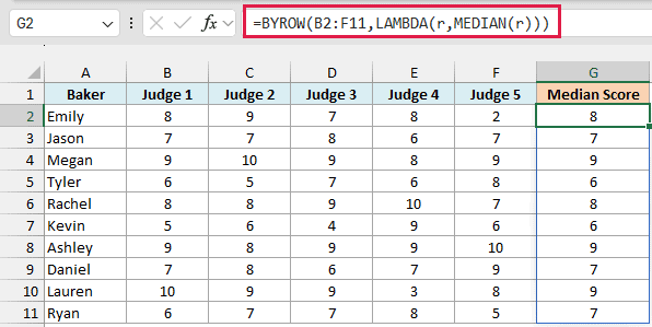 BYROW with MEDIAN spills a median score for every baker in G2:G11
