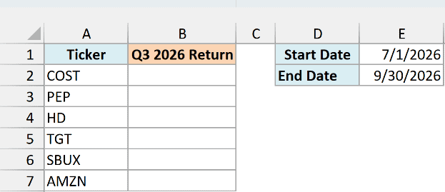 Six tickers with an empty Q3 2026 Return column and start and end dates of 7/1/2026 and 9/30/2026