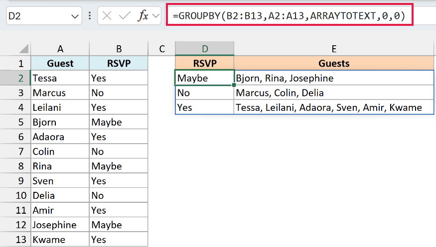 GROUPBY with ARRAYTOTEXT combines party guest names into comma-separated lists by RSVP answer