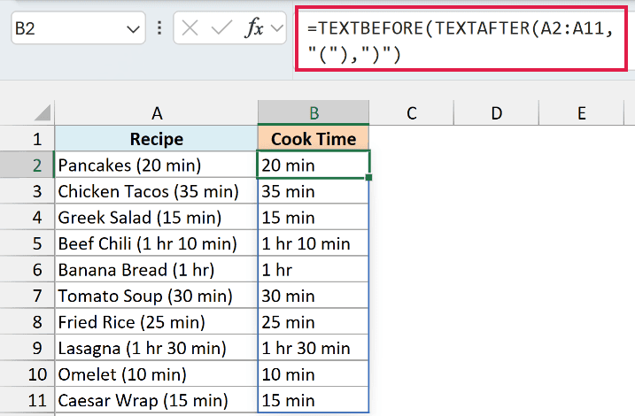 TEXTBEFORE and TEXTAFTER formula returning the cook time between the parentheses