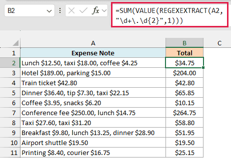 SUM and VALUE around REGEXEXTRACT with return_mode 1 add up every dollar amount in each expense note, such as $34.75