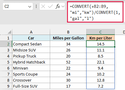 Two CONVERT functions turn miles per gallon into kilometers per liter, so 34 mpg is 14.5