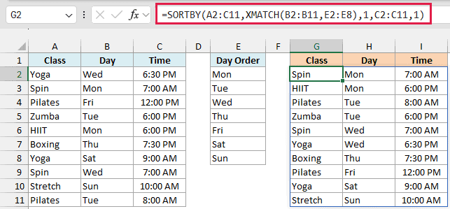 SORTBY with XMATCH displays gym classes sorted Monday to Sunday, then by time.