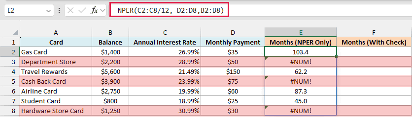 Plain NPER formula returns #NUM! for the three cards whose payment does not cover the monthly interest
