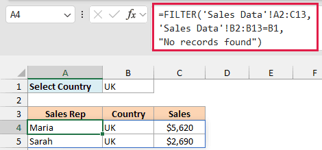 FILTER formula in A4 of the Report sheet returning the two UK records from the Sales Data sheet